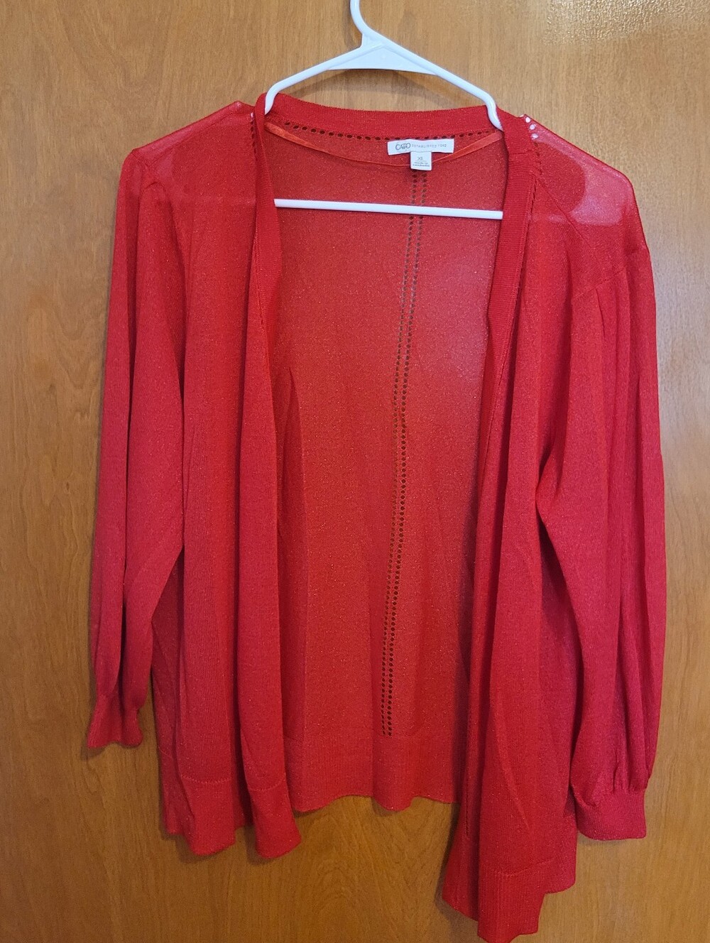 Cato Shimmery Open-Front Red Cardigan, Size XL